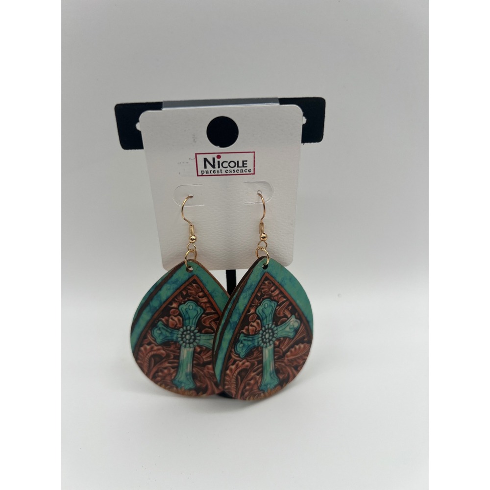 Nicole Purest Essence Western Turquoise Cross Tooled Wood Teardrop Earrings